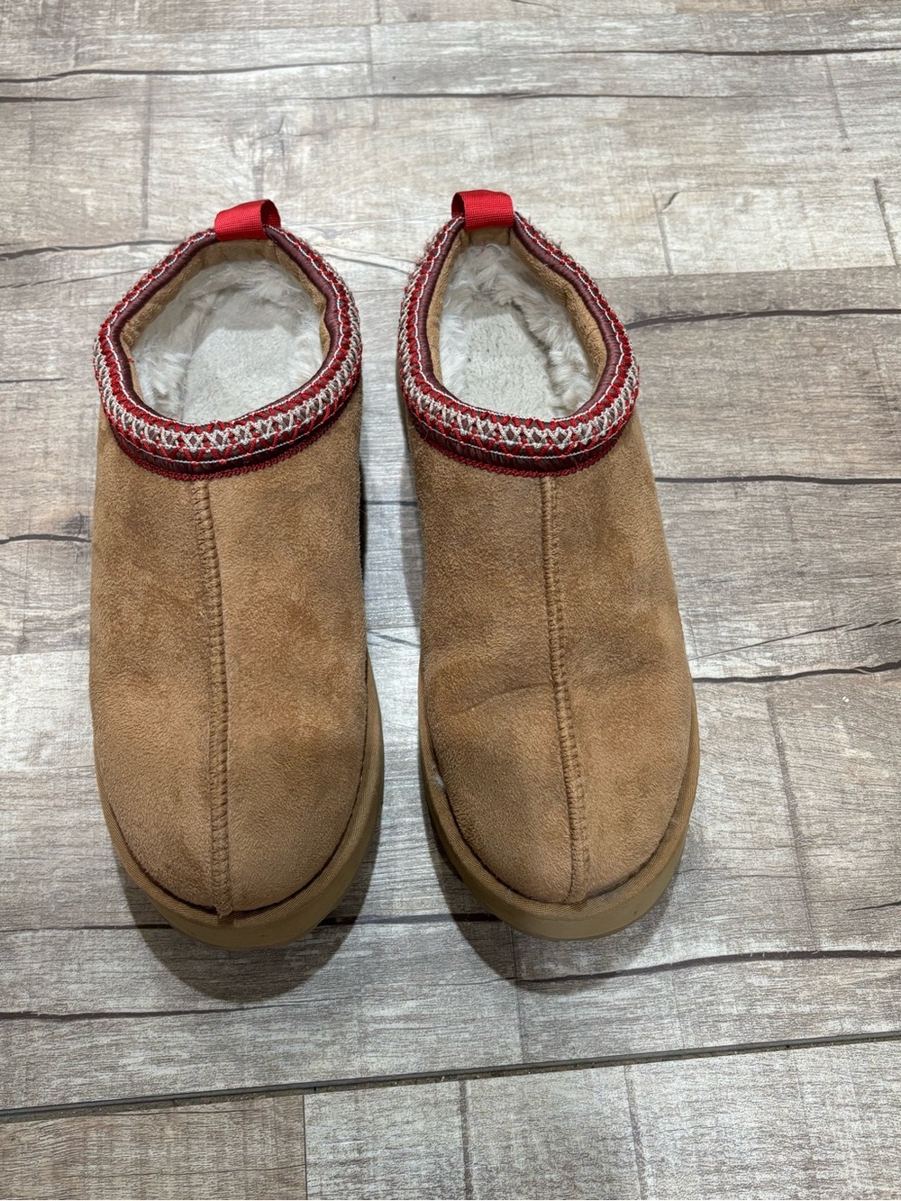Men's Brown Suede Slip-On Slippers with Red Trim Size 10